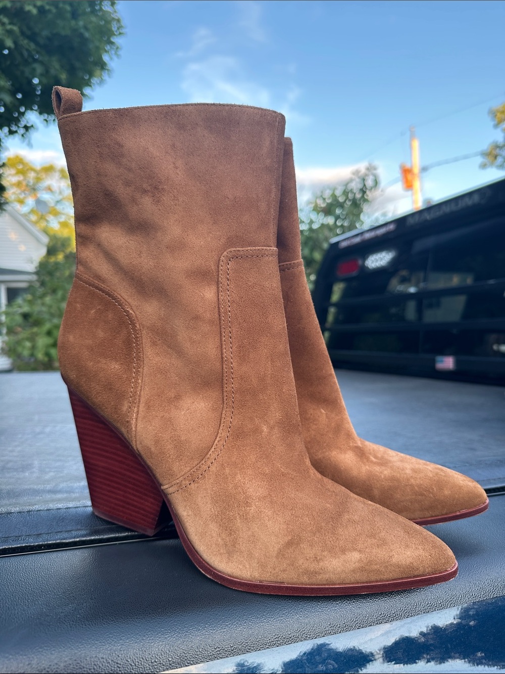Veronica Beard Tan Suede Pointed-Toe Ankle Boots